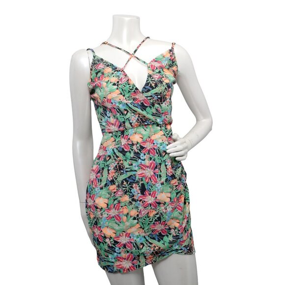 Reverse Tropical Floral Mini Dress Strappy Ruched Side Cinched Waist Black Blue - Picture 10 of 10